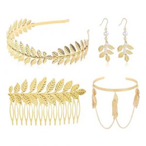 FUIPVGI 4 Pi&egrave;ce D&eacute;esse Grecque Costume Accessoires Femme, Couronne Laurier Dor&eacute;e, Serre Tete Couronne de Laurier Or, anneau de bras, Boucles d'Oreilles Perle, Peigne &Agrave; Cheveux Lat&eacute;ral (Or) (DONG YI, neuf)