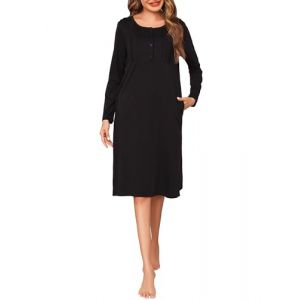 Wikoan Chemise de Nuit Longue Chemise de Nuit Femme Hiver Robe de Nuit en Coton Chemise de Nuit Manches Longues avec Poches Taille Grande Noir XL (Wikoan Direct, neuf)