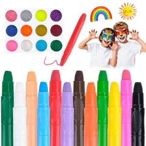 12 Couleurs Crayon Maquillage Enfant, Visage Peinture avec Poudre Scintillante 12 Couleurs, Non-Toxique, Lavable, Peinture Corporelle pour Cosplay, Maquillage Carnaval, No&euml;l, Anniversaire, Carnaval (GLOBEMAZE, neuf)