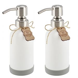 ALTGLAS Distributeur de Savon Liquide 'Sarajevo' en Verre Blanche avec sous-Verre en Silicone - 2 Pi&egrave;ces Bouteille de 250 ML avec Pompe en Acier INOX Argent Bross&eacute; (ALTGLAS Upcycling, neuf)