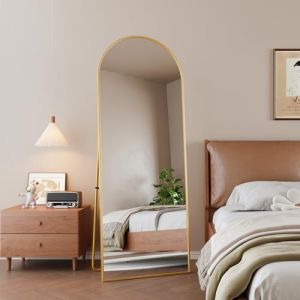 Miroir complet bombé avec coins arrondis, 162 x 53 cm, miroir sur pied à suspendre, debout ou adossé, miroir de chambre à coucher, miroir mural, miroir de dressing avec cadre en aluminium (doré) (libingshuai, neuf)