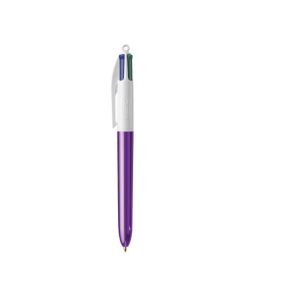 BIC - 1 Stylo Bille Rechargeable 4 Couleurs Classiques (Noir, Rouge, Vert, Bleu) - Pointe Moyenne - Collection Shine - Corps Couleur Brillante de Violet (Papeterie Libellus, neuf)
