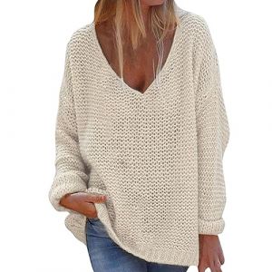 Pull noir surdimensionn&eacute; pour femme &ndash; Pull &eacute;pais pour femme &ndash; Col en V &ndash; Poncho d'hiver ch&acirc;le pull haut chauve-souris long ample pull tunique pull solide pull &agrave; col roul&eacute;, beige, L (★LINYOUY★, neuf)