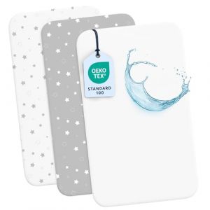 Dreamzie Lot de 2 Drap Housse Cododo + 1 Protege Matelas Impermeable Enfant - 50x83 cm - 100% Coton pour Berceaux, Matelas Cododo - Motif Stars (BMS France, neuf)