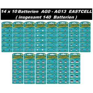 Set AG AG0-AG13 (14 blisters de 10 piles) par AG0 AG1 AG2 AG3 AG4 AG5 AG6 AG7 AG8 AG9 AG10 AG11 AG12 Ag13 Einweg EASTCELL (Eunicell Vertrieb Deutschland „Preise inkl. MwSt.“, neuf)