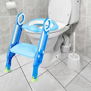 Siège de Toilette pour Enfants, Toilette Pot WC Bebe Enfant, Toillet Escalier Pliable, Réducteurs Wc Enfant avec Marche, Escalier de Toilettes pour Enfants Réglable en Hauteur (Bleu clair-Bleu) (jusiZL, neuf)