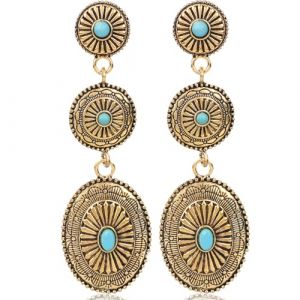 Boucles d'Oreilles Femme Western, Turquoise Synthétique Ovale Boucles d'Oreilles Concho Pendantes Vintage Bijoux Western Cadeaux pour Costume Cowgirl (Doré) (Bai Yun, neuf)