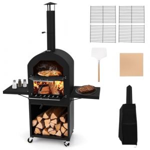 GYMAX Four à Pizza d'Extérieur à Bois ou à Pellet, Cuisson Facile avec Thermomètre, Pierre à Pizza 30 cm, Pelle à Pizza, 2 Grilles de Cuisson, Mobile avec Roulettes, pour Rôti, Barbecue (GYMAX EU, neuf)