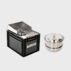 BOXIO Cook Plus : kit de démarrage pour réchaud de camping avec espace de rangement, protection contre le vent et kit de casseroles de camping, cartouches de gaz, réchaud de camping pour le camping (Duschkraft, neuf)