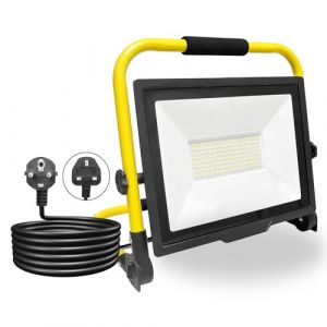 PICAA 100W Projecteur de Chantier LED avec Prise, 10000LM Lampe d'ext&eacute;rieur Pliable Portable Projecteur Led, Rotation &agrave; 360&deg; Pour Travaux d'atelier, Garage, Terrasse, Jardin, Etanche IP66 6000K Blanc (BEISHUO-UK, neuf)