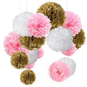 15pcs papier fleur pompon boule à suspendre 6",10",12" rose décor mariage fête Rose Or et Blanc (OSH FASHION STORE, neuf)