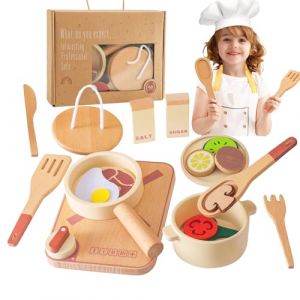 Smartwo Accessoire Cuisine Enfant Bois, Jouet de Casseroles et Poêles Dinette en Bois, avec Vaisselle et Aliments, Kit Cuisine Enfant Bois, Jeu de Rôle Bebe, Cadeau pour Garçon Fille 3 4 5 6 Ans (OuterFun, neuf)