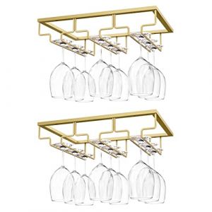 Nuovoware Porte-Verres à Pied Suspendu, [2 PCS] Porte-Verre à Vin Suspendu Support de Verre à Vin avec 3 Rails pour Dessous d'Étagère, Armoire de Verre, Tenture en Chrome, Barre de Cuisine - Or (Joiel EU, neuf)