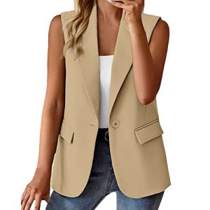 Gilet noir basique sans manches blazer à revers col en V manteau simple boutonnage ouvert sur le devant cardigan femme couleur unie élégant rétro costume d'affaires petit costume avec poches, beige, (Weizun Maoyi, neuf)