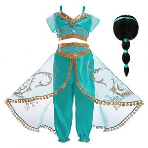 Eleasica Fille Aladdin Jasmine Princesse Cosplay Costumes 2pcs Ensembles Pantalons Conte de Fée Déguisement Bleu Respirant Halloween Noël Anniversaire Carnaval Fête Cosplay,Perruque,110 (Eleasica, neuf)