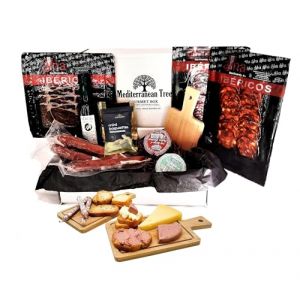 Coffret Panier Gourmet - Lot de saucisses ibériques chorizo ​​et jambon + Pâté Ibérique à la Truffe et Pedro Ximenez + 3 pièces Fuets + Huile d'Olive Extra Vierge + Pics Artisan + Planche à tapas (Espresso Horeca, neuf)