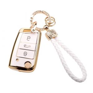 Rongxze Coque Clé , Étui à Clés TPU avec Cordon Porte-Clés, 3 Boutons Voiture Coque Clé pour VW Golf 7 MK6 MK7 Polo Skoda Octavia Leon Seat Fabia Ibiza Tiguan Fabia (Blanc) (Rongxze, neuf)