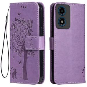 Topme &Eacute;tui en Cuir pour Motorola Moto E14 / G04S / G04 / G24 / G24 Power (6.5" inches), [ Coque Housse de T&eacute;l&eacute;phone Style Motif Chat Et Arbre] - Violet Clair (topme, neuf)