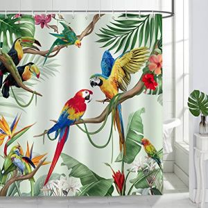 Bonhause Rideau de Douche Oiseaux Tropicaux Perroquet Feuille Vert Rideau de Bain pour Tissu Polyester Anti Moisissure Imperméable Lavable Rideau Salle de Bain 180 x 200 cm avec 12 Crochets (Bonhause EU, neuf)