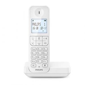 Philips D2701W - Téléphone fixe sans fil, écran rétroéclairé 4,6", microphone vertical, appels mains libres, jusqu'à 14 heures, antenne optimisée, réglages de confidentialité, blanc (ALTAUDIA, neuf)