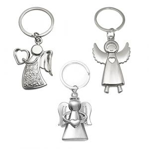 USTNIR Porte, clés Ange Gardien, 3 Pcs Porte, clés Ange Gardien avec Coeur, pour la Voiture Permis de Conduire Couple Cadeau de Trousseau Anniversaire, en Acier Inoxydable(Argent (Rfervgauk, neuf)
