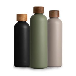 T&N Bouteille Isotherme d&rsquo;eau 1l en acier inoxydable avec bouchon en bois d'acacia, Gourde Inox 1 Litre, conserve le froid &agrave; 29h, la chaleur 14h, &eacute;tanche pour boissons gazeuses (TRENDY AND NEW, neuf)