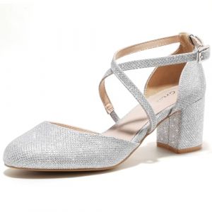 Greatonu Sandales &agrave; Talons pour Femmes avec Bride, &agrave; Talons Hauts &agrave; Bloc avec Bride crois&eacute;e, Fermeture &agrave; Boucle, Pointe ferm&eacute;e, Paillettes - Parfait pour Les Mariages et Les f&ecirc;tes, argent&eacute;, 42 EU (Maggie Shoes, neuf)
