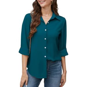 Stamain Chemise Femme Chic &agrave; Manches Longues Casual &Eacute;l&eacute;gant Chemisier Turquoise Col en V Chiffon Haut avec Boutons XXL (ELOOKEUR, neuf)