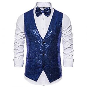 G&eacute;n&eacute;rique Gilet &agrave; Paillettes pour Homme Slim Fit Gilet de Costume avec N&oelig;ud Papillon Couleur Unie Veste Costume sans Manches pour Soir&eacute;e Disco Mariage C&eacute;r&eacute;monie F&ecirc;te Danse Party (NiceYear, neuf)
