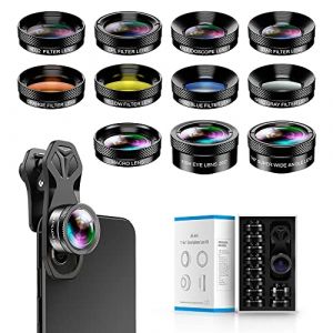 Apexel – Kit objectif 11 en 1 pour téléphone, objectif grand angle, macro + fisheye/ND32/kaléidoscope/CPL, compatible avec iPhone, Samsung, Sony et la plupart des smartphones (Love Photography, neuf)