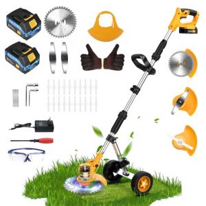 21V Coupe Bordure sans Fil avec 2x2Ah Batterie et Chargeur Débroussailleuse Tondeuse Électrique sans Fil, Tondeuse DéBroussailleuse à Batterie avec Roue et 3 Sortes Lames (lianyuntech, neuf)