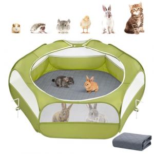 Parc pour Petits Animaux 2-en-1 avec Coussin, Cage pour Petits Animaux Imperméable avec Coussin Réutilisable, Clôture de Cour Extérieure avec 3 Tiges en Métal pour Poussin/Chaton/Chiot, Vert d'Avocat (Joiel EU, neuf)