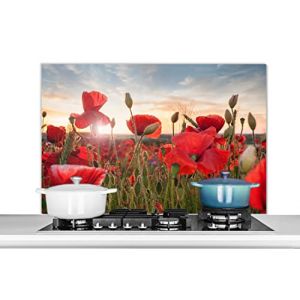 Credence Coucher de soleil derrière les magnifiques coquelicots Fond de hotte 100x65 cm Credence aluminium Plaque inox de cuisine (WallCircle, neuf)