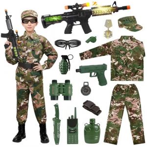 Deguisement Militaire Enfant, Camouflage Militaire D&eacute;guisements pour Enfants,Costume Militaire Enfant avec Arm&eacute;e Soldat Costume,T&eacute;lescope,Bouilloire,Sifflets Jouet pour Halloween Carnaval Cosplay (XM-mengpanwei, neuf)