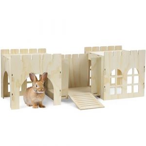 Navaris Abri Lapin Bois - Maison cabane 114 x 40 x 38,5 cm avec 2 cachettes pour Lapin Nain Cochon d'Inde Rongeur en Bois - Château avec Porte fenêtre Pont escaliers Toit (SX-Commerce, neuf)