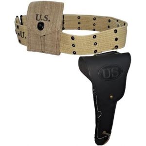 Combo Set Original WWII M1936 Webbing Canvas Pistol Belt with M1911 Colt Leather Holster and .45 Colt Magazine Pouch Right Hand (Black) (Sharad International, neuf)