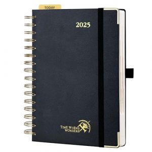 POPRUN Agenda 2025 Journalier 21,5 x 14,5 cm - Couverture Rigide Spirale, 1 Page par Jour A5 Agenda, D'Jan 2025 &agrave; D&eacute;c 2025-12 Mois, Avec r&egrave;gle signet, Papier 80 g/m&sup2;, Noir (Time Works Wonders, neuf)