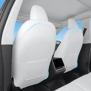 TOPABYTE Protection de Si&egrave;ge Arri&egrave;re pour Tesla Model Y/3/X/S Tapis de Si&egrave;ge Arri&egrave;re en Cuir pour Enfants Housse de Si&egrave;ge Arri&egrave;re R&eacute;sistante &agrave; l'usure avec Poche de Rangement 2 Pi&egrave;ces - Blanc (Alambda, neuf)