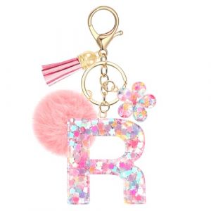 JSRQT Porte-clés Rose avec Initiale R pour Femmes Filles, Nom Porte-clés en Résine Lettres Alphabet à Paillettes et Fleurs, Pompons Pendentifs Bijou de Sac Keychain pour Sac à Main et Sac à Dos (JSRQT-JR, neuf)