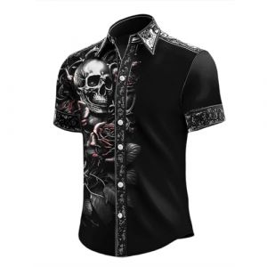 Caxndycing Chemise &agrave; manches courtes pour homme - Costume d'Halloween pour homme - Imprim&eacute; t&ecirc;te de mort - Chemise &agrave; manches courtes - Motif squelette d'horreur - Chemise de loisirs steampunk gothique (Aigdgoog, neuf)