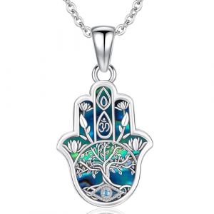 Collier Main de Fatma Argent 925 Pendentif Main de Fatma Collier Arbre de Vie Femme Hamsa Collier Mauvais Oeil Bleu avec Arbre de Vie Bijoux Main de Fatma pour Femme (Aniu, neuf)