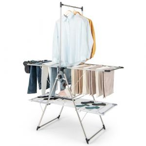 COSTWAY Étendoir Linge Intérieur, Sechoir à Linge Pliable en Acier Inox, Cintre Haut 182 cm, Grand Filet de Séchage, Tancarville Linge Solide Réglable 70-140 cm, Cintre Chaussures, Pince de Chaussette (FDS GmbH, neuf)