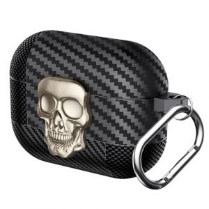 Casevita Coque de verrouillage compatible avec Airpods Pro/Pro 2&egrave;me g&eacute;n&eacute;ration avec porte-cl&eacute;s, t&ecirc;te de mort cool, fibre de carbone, coque de protection amusante en TPU souple r&eacute;sistant aux chocs pour (PPBT3, neuf)