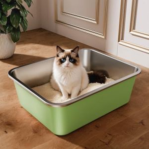 Bac Litiere pour Chat en INOX, Bac &agrave; Liti&egrave;re pour Grands Chats, Chatons et Lapins, Caisse Chat Litiere XXL, Litiere Toilette pour Maine Coon, Anti-Adh&eacute;rent, Anti-Odeurs (Vert, 45 * 35 * 15cm) (ICOYEA, neuf)