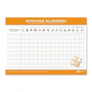 Panneau d'affichage des allergènes - Plastifié et effaçable - Kit de fixation inclus (pastilles adhésives) - Fabriqué en France (Éditions Legimedia, neuf)