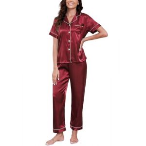 GAESHOW Ensemble de Pyjama en Satin de Soie Femme, Manches Courtes Pyjama Satin 2 Pièces Top Boutonné et Bas Pantalon Long, Pyjama en Satin pour Femme avec Boutons (Fashion Ustory, neuf)