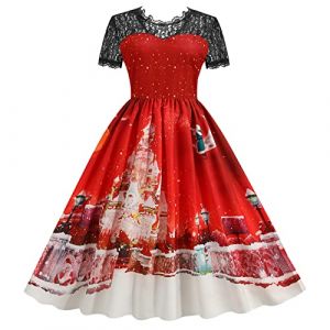 WVONIF Robe de No&euml;l pour Femme Robe De Noel Femme Rouge Imprim&eacute; Arbre de No&euml;l Renne Robe de No&euml;l Robe Femme de Cocktail Vintage Rockabilly Robe Manches Longue col carr&eacute; R&eacute;tro Costume P&egrave;re No&euml;l (BAULMD（90% Big Promotion Without Discount Code ）, neuf)