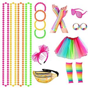 Deguisement Annee 80 Femme Accessoire Fluo Tutu Sac Banane Lunettes Bandeau Colliers Bracelets Boucles D'oreilles Jambiere Annees 80 90 Costume Déguisement Années 80 Femme Fête Néon (Multicolore) (ATOWORLD, neuf)