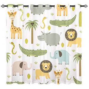 YUANZU Rideaux Safari Enfants - Motif Jungle Animaux Sauvages (Lion Hippo Éléphant) avec Œillets Opaques Isolants Thermiques pour Chambre Garçons/Filles - 2 Panneaux L168 x H137cm (BOBO, neuf)