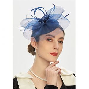 Chapeau bibi pour femme - En maille - Avec plume en organza - Accessoire de cheveux pour anniversaire, femme, anniversaire, th&eacute; - Accessoire festif - Bleu marine - Taille unique (jksmyx, neuf)
